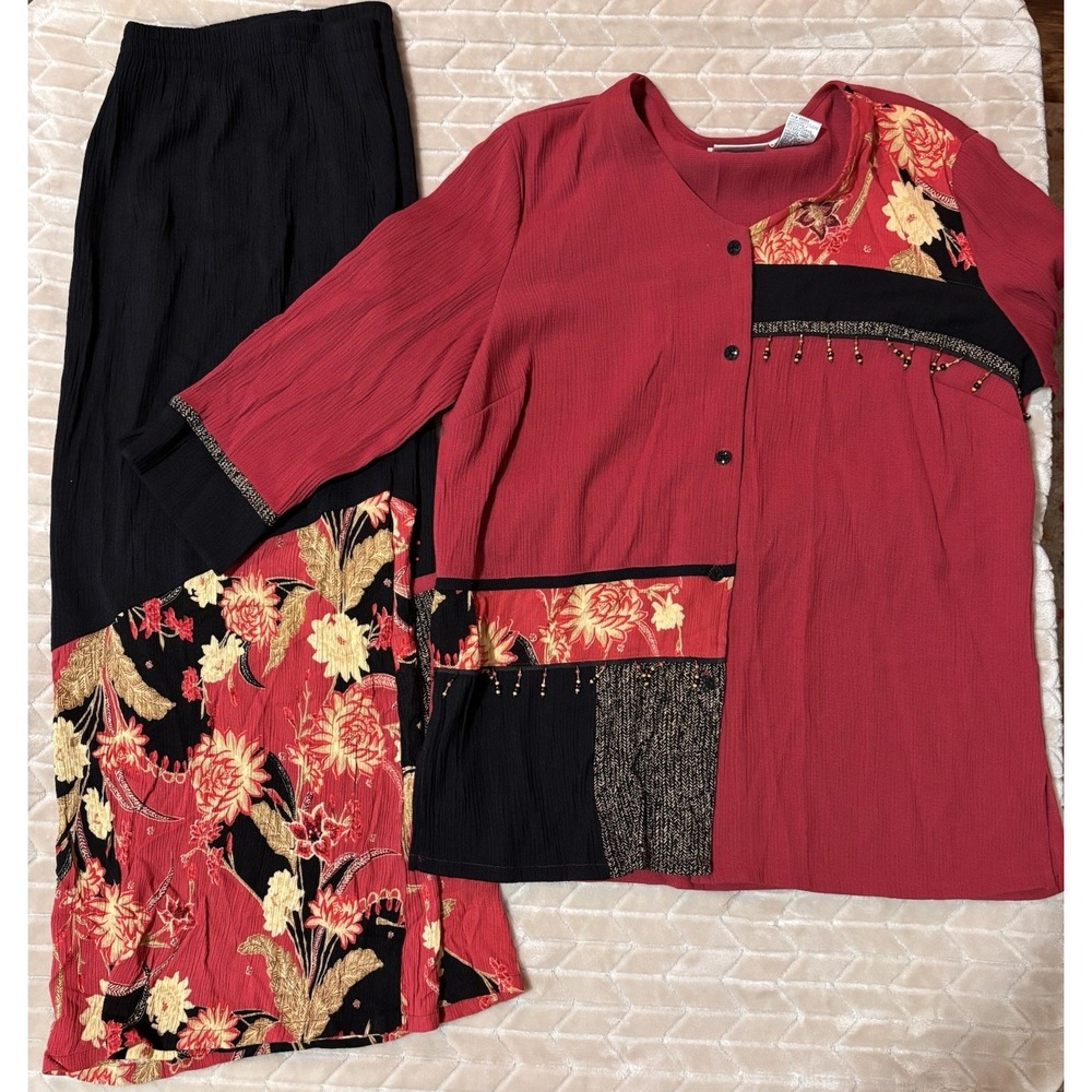 Boho Patchwork Skirt Set Women M Vintage Floral Midi Skirt Button Top 2 Piece